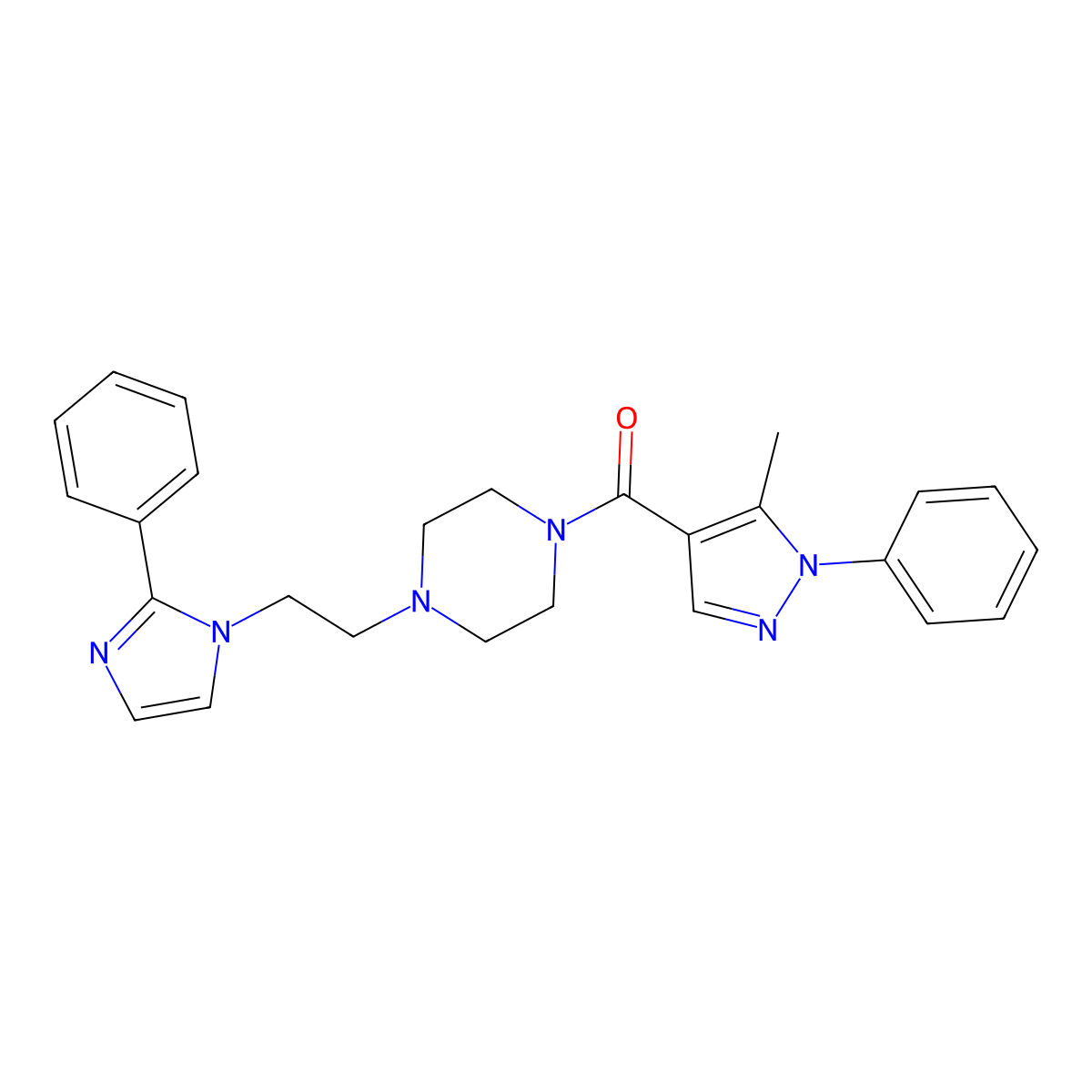 (5-methyl-1-phenyl-1H-pyrazol-4-yl)(4-(2-(2-phenyl-1H-imidazol-1-yl)ethyl)piperazin-1-yl)methanone molecular structure, CAS 1421449-71-9
