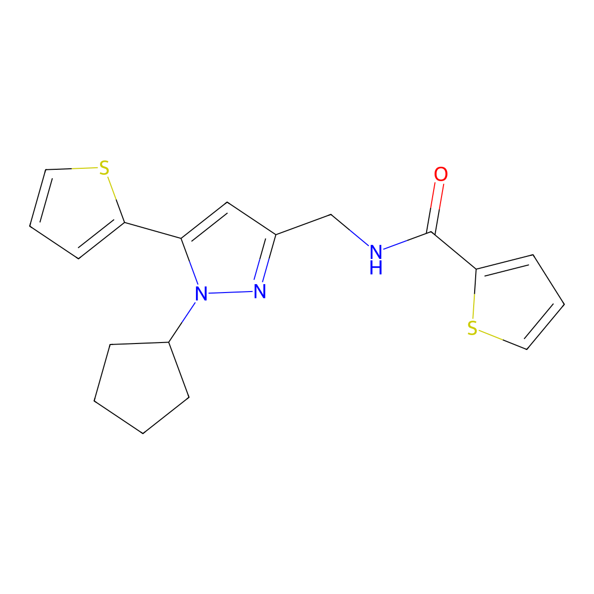 N-{[1-cyclopentyl-5-(thiophen-2-yl)-1H-pyrazol-3-yl]methyl}thiophene-2-carboxamide molecular structure, CAS 1421449-87-7