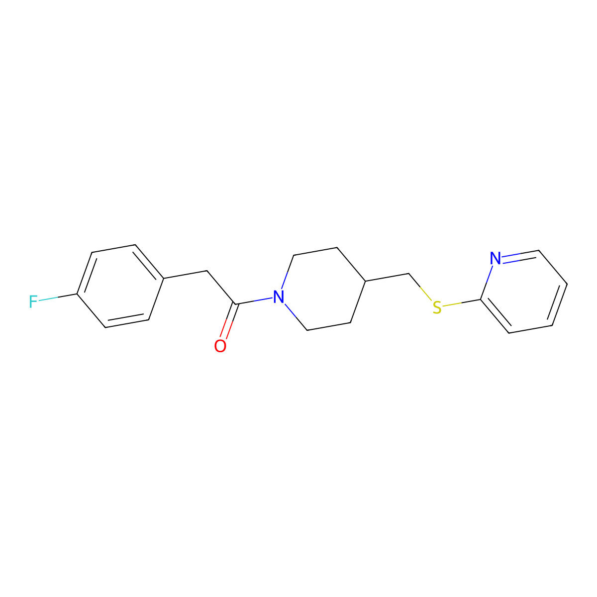 2-(4-Fluorophenyl)-1-(4-((pyridin-2-ylthio)methyl)piperidin-1-yl)ethanone molecular structure, CAS 1421449-90-2