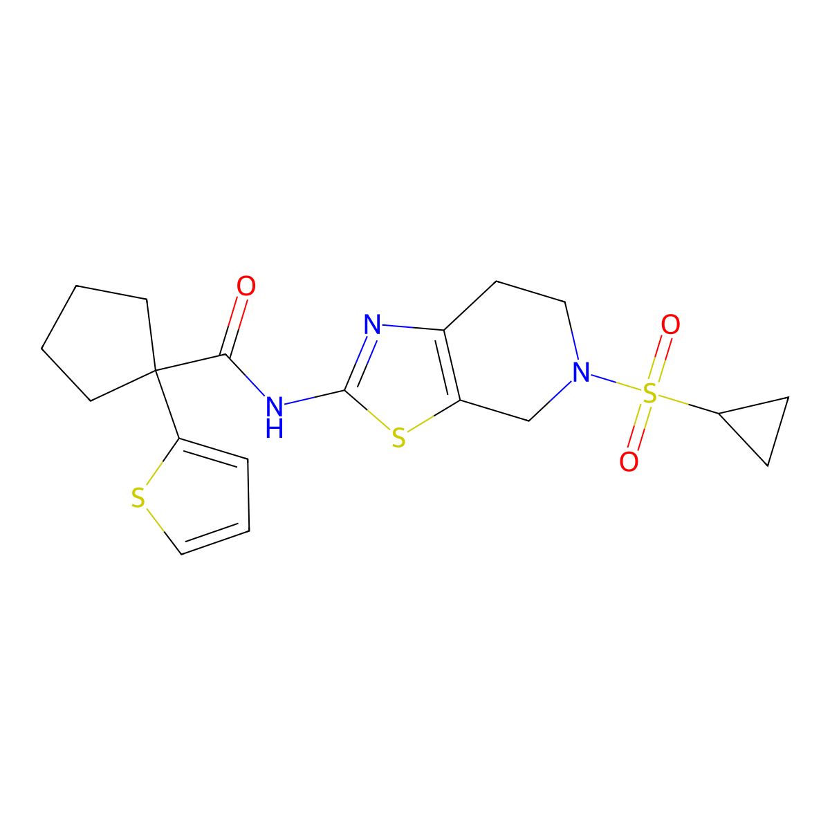 N-(5-(cyclopropylsulfonyl)-4,5,6,7-tetrahydrothiazolo[5,4-c]pyridin-2-yl)-1-(thiophen-2-yl)cyclopentanecarboxamide molecular structure, CAS 1421450-14-7