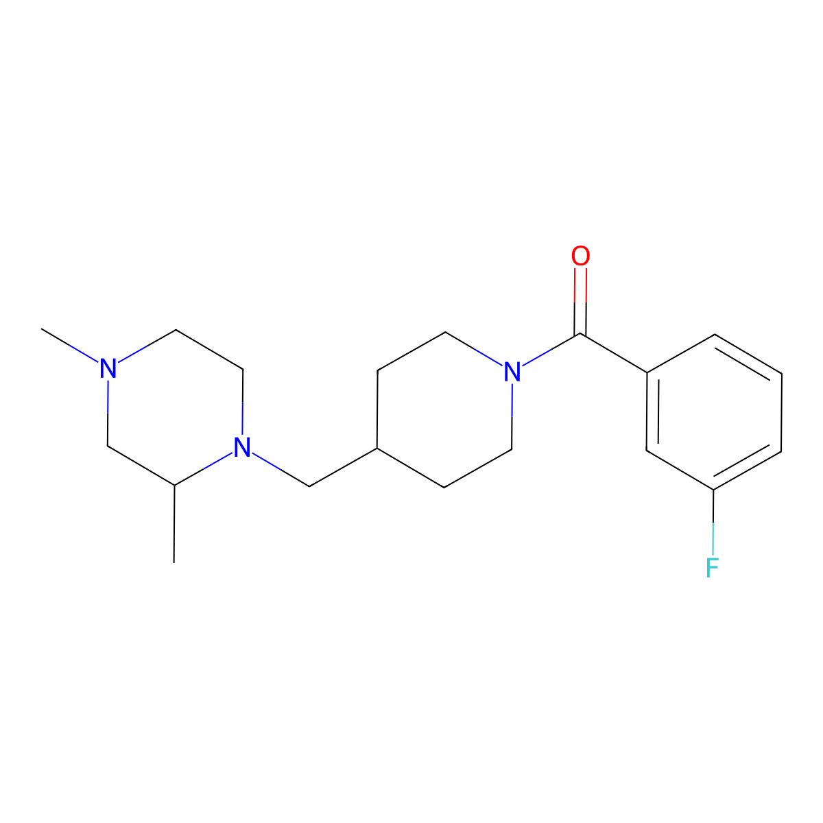 (4-((2,4-Dimethylpiperazin-1-yl)methyl)piperidin-1-yl)(3-fluorophenyl)methanone molecular structure, CAS 1421450-23-8