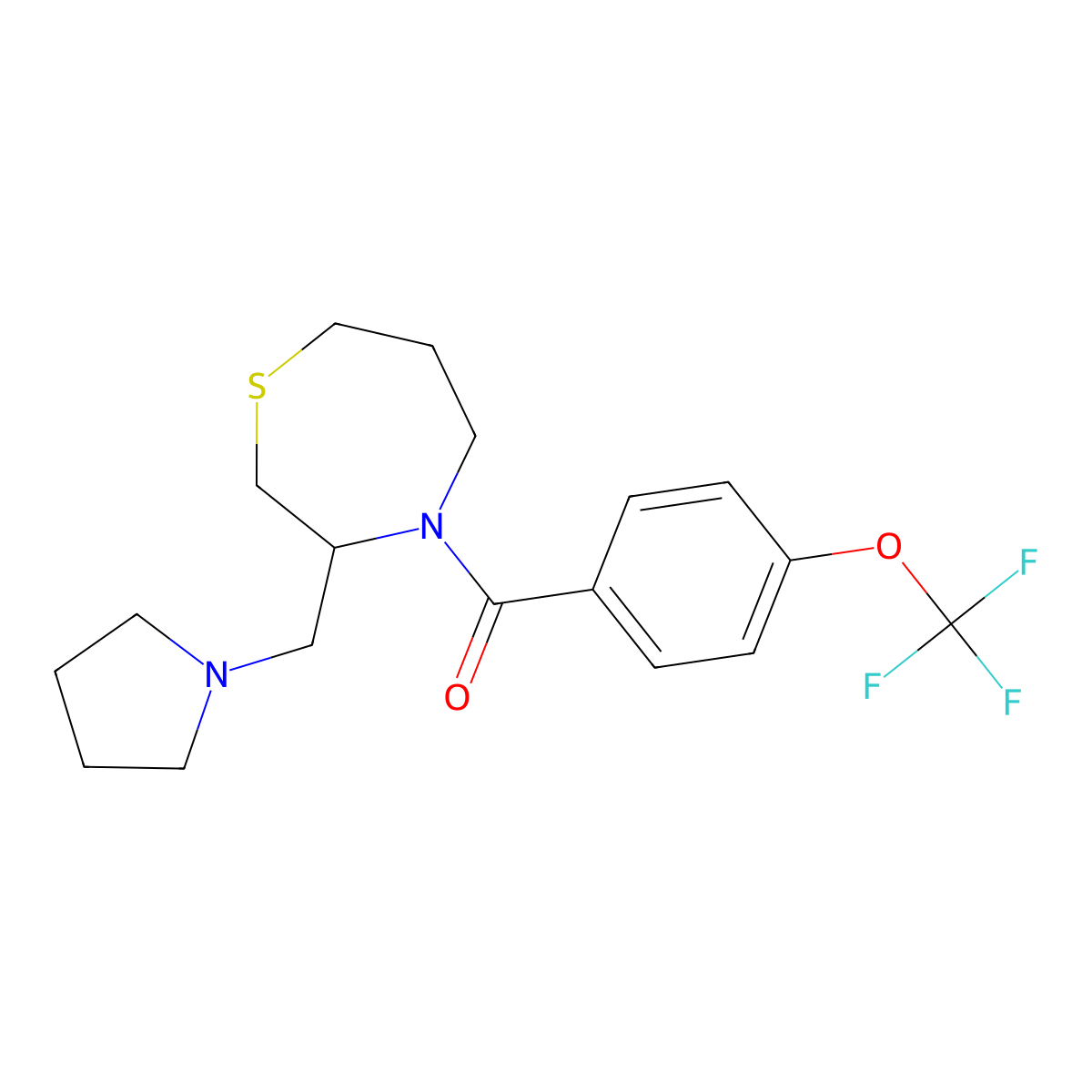 (3-(Pyrrolidin-1-ylmethyl)-1,4-thiazepan-4-yl)(4-(trifluoromethoxy)phenyl)methanone molecular structure, CAS 1421450-35-2