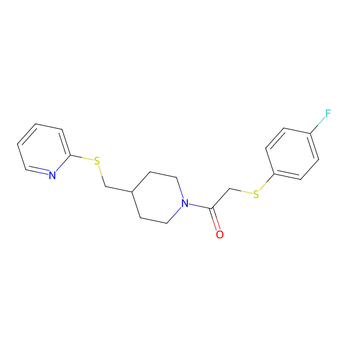 2-((4-Fluorophenyl)thio)-1-(4-((pyridin-2-ylthio)methyl)piperidin-1-yl)ethanone molecular structure, CAS 1421450-48-7
