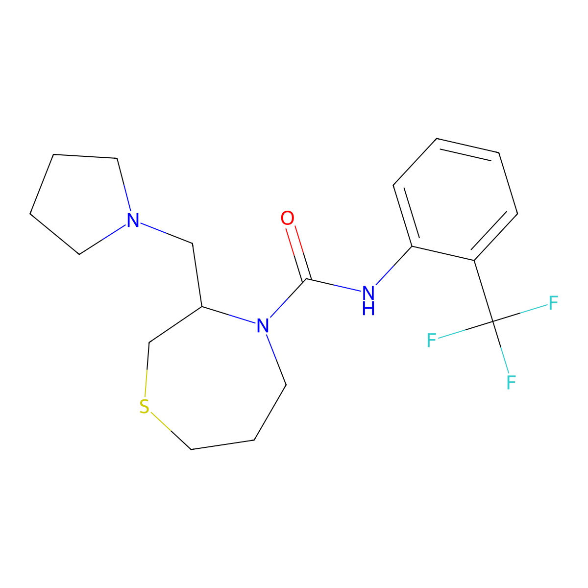 3-(pyrrolidin-1-ylmethyl)-N-(2-(trifluoromethyl)phenyl)-1,4-thiazepane-4-carboxamide molecular structure, CAS 1421450-50-1