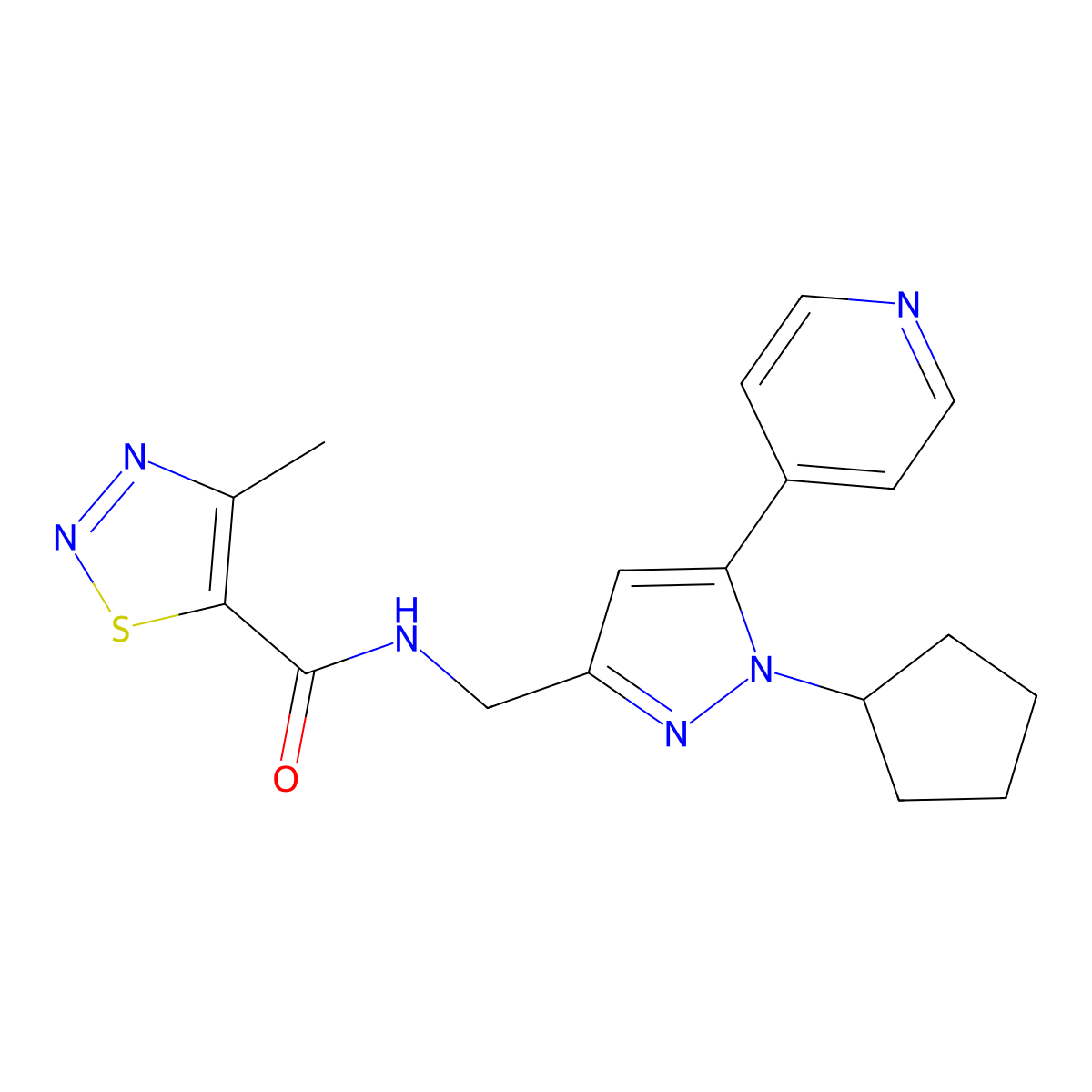 N-{[1-cyclopentyl-5-(pyridin-4-yl)-1H-pyrazol-3-yl]methyl}-4-methyl-1,2,3-thiadiazole-5-carboxamide molecular structure, CAS 1421450-61-4