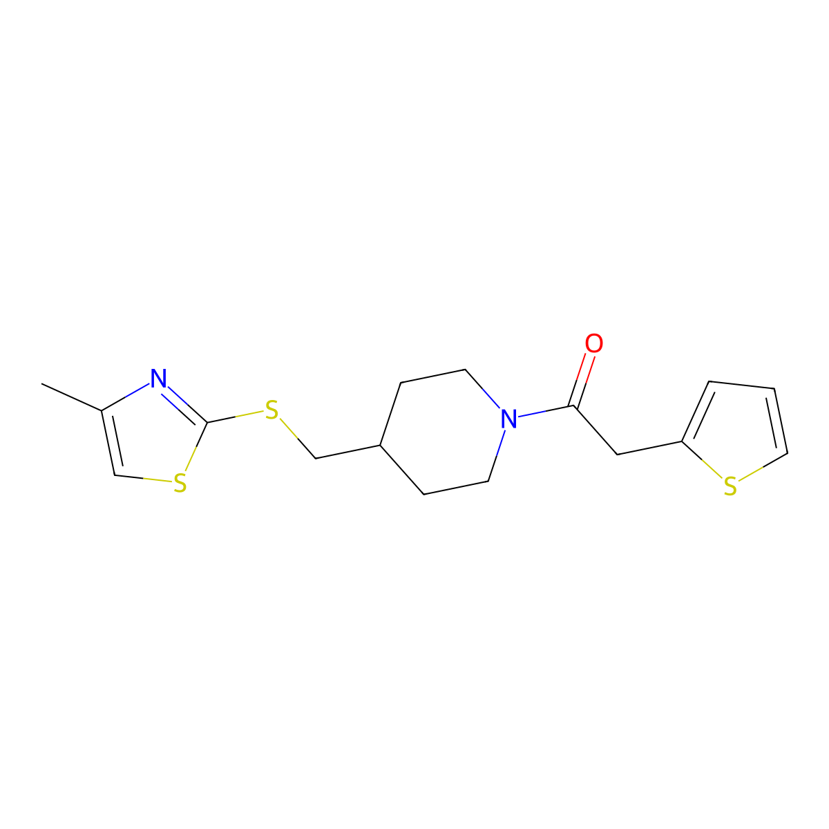 1-(4-(((4-Methylthiazol-2-yl)thio)methyl)piperidin-1-yl)-2-(thiophen-2-yl)ethanone molecular structure, CAS 1421450-71-6