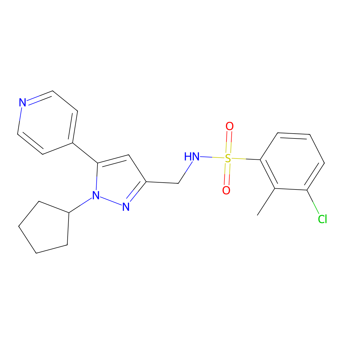 3-chloro-N-((1-cyclopentyl-5-(pyridin-4-yl)-1H-pyrazol-3-yl)methyl)-2-methylbenzenesulfonamide molecular structure, CAS 1421450-74-9