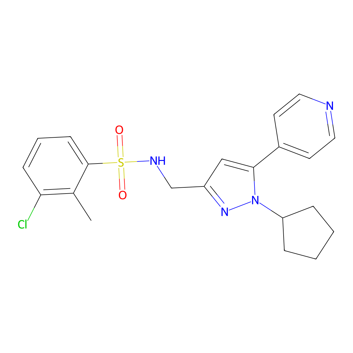 3-chloro-N-((1-cyclopentyl-5-(pyridin-4-yl)-1H-pyrazol-3-yl)methyl)-2-methylbenzenesulfonamide molecular structure, CAS 1421450-74-9