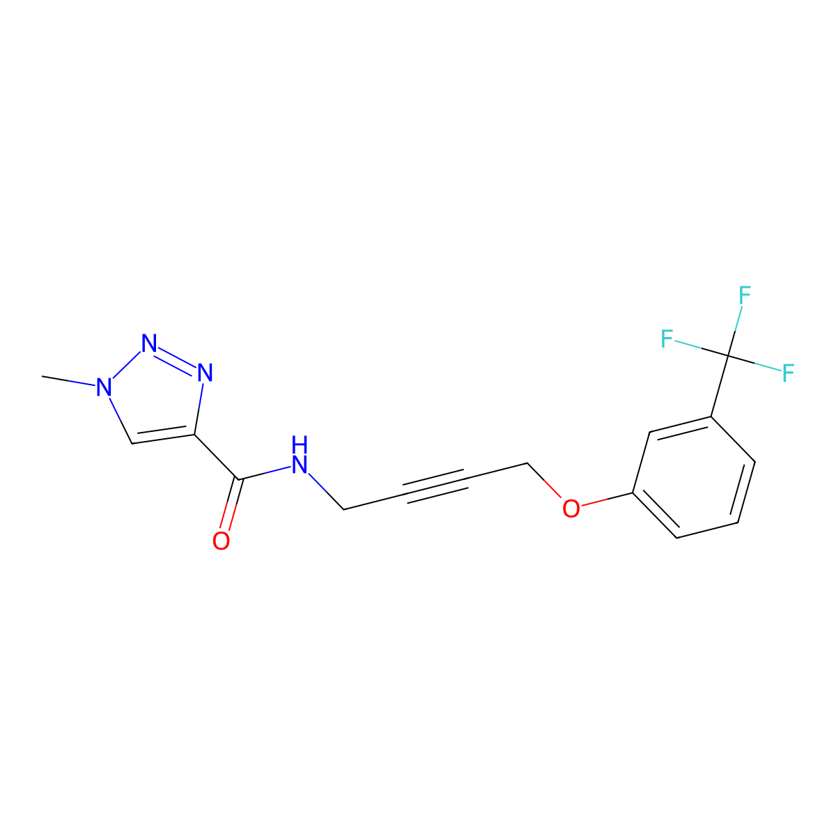 1-methyl-N-{4-[3-(trifluoromethyl)phenoxy]but-2-yn-1-yl}-1H-1,2,3-triazole-4-carboxamide molecular structure, CAS 1421450-76-1