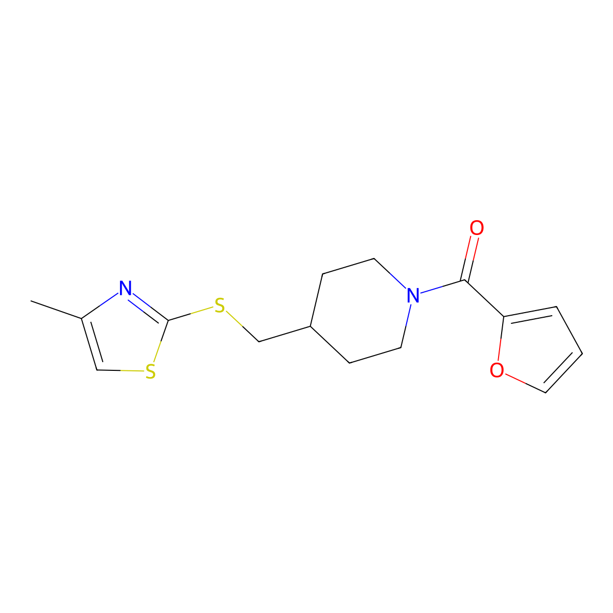 Furan-2-yl(4-(((4-methylthiazol-2-yl)thio)methyl)piperidin-1-yl)methanone molecular structure, CAS 1421450-78-3