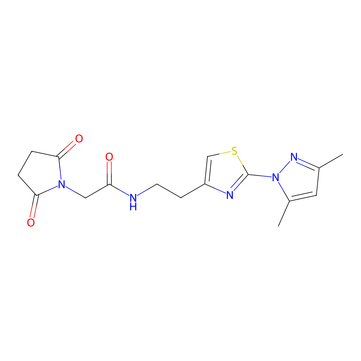N-(2-(2-(3,5-dimethyl-1H-pyrazol-1-yl)thiazol-4-yl)ethyl)-2-(2,5-dioxopyrrolidin-1-yl)acetamide molecular structure, CAS 1421450-85-2