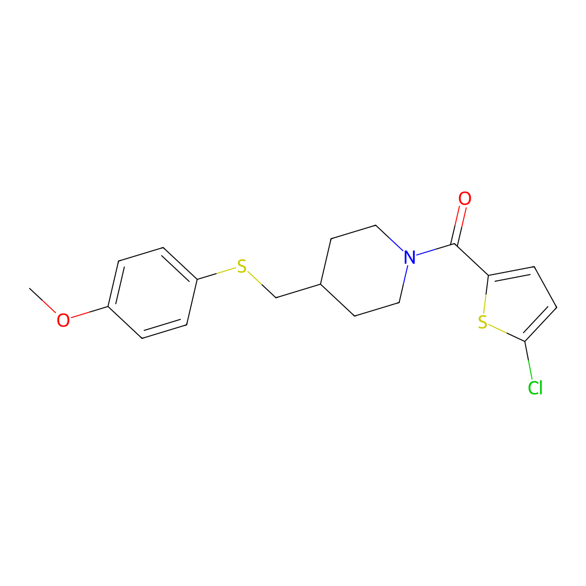 (5-Chlorothiophen-2-yl)(4-(((4-methoxyphenyl)thio)methyl)piperidin-1-yl)methanone molecular structure, CAS 1421451-11-7
