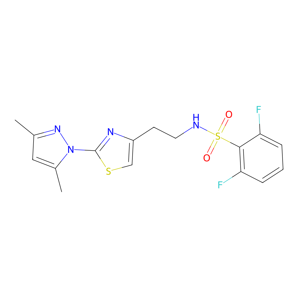 N-(2-(2-(3,5-dimethyl-1H-pyrazol-1-yl)thiazol-4-yl)ethyl)-2,6-difluorobenzenesulfonamide molecular structure, CAS 1421451-13-9