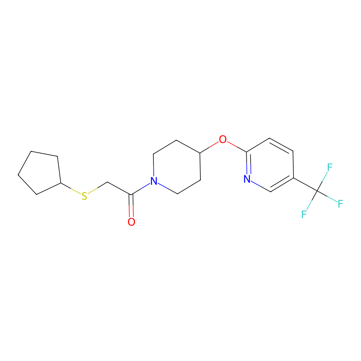 2-(Cyclopentylthio)-1-(4-((5-(trifluoromethyl)pyridin-2-yl)oxy)piperidin-1-yl)ethanone molecular structure, CAS 1421451-24-2