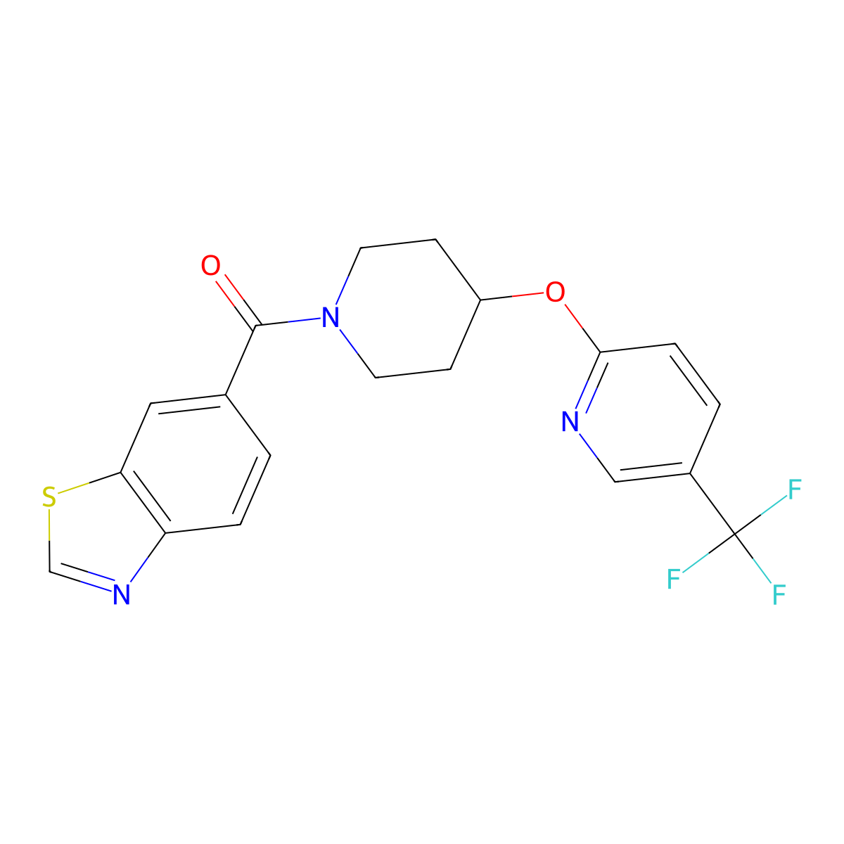 Benzo[d]thiazol-6-yl(4-((5-(trifluoromethyl)pyridin-2-yl)oxy)piperidin-1-yl)methanone molecular structure, CAS 1421451-31-1
