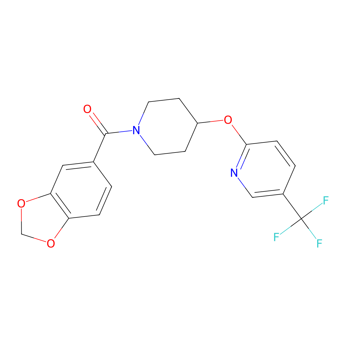 Benzo[d][1,3]dioxol-5-yl(4-((5-(trifluoromethyl)pyridin-2-yl)oxy)piperidin-1-yl)methanone molecular structure, CAS 1421451-40-2