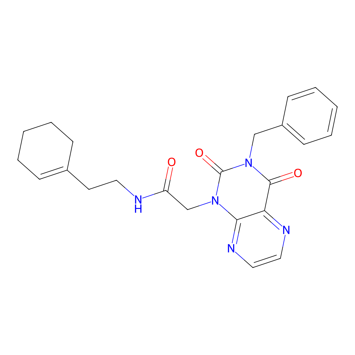 2-(3-benzyl-2,4-dioxo-3,4-dihydropteridin-1(2H)-yl)-N-(2-(cyclohex-1-en-1-yl)ethyl)acetamide molecular structure, CAS 1421451-59-3