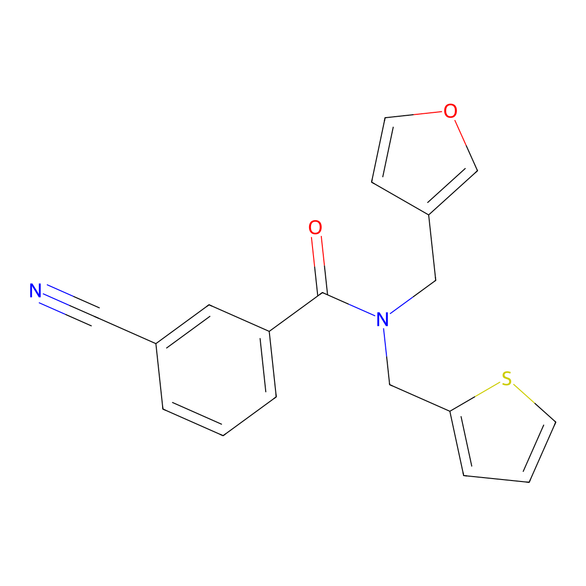3-cyano-N-(furan-3-ylmethyl)-N-(thiophen-2-ylmethyl)benzamide molecular structure, CAS 1421451-70-8