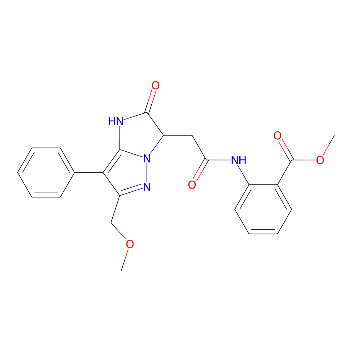 methyl 2-(2-(6-(methoxymethyl)-2-oxo-7-phenyl-2,3-dihydro-1H-imidazo[1,2-b]pyrazol-3-yl)acetamido)benzoate molecular structure, CAS 1421452-03-0