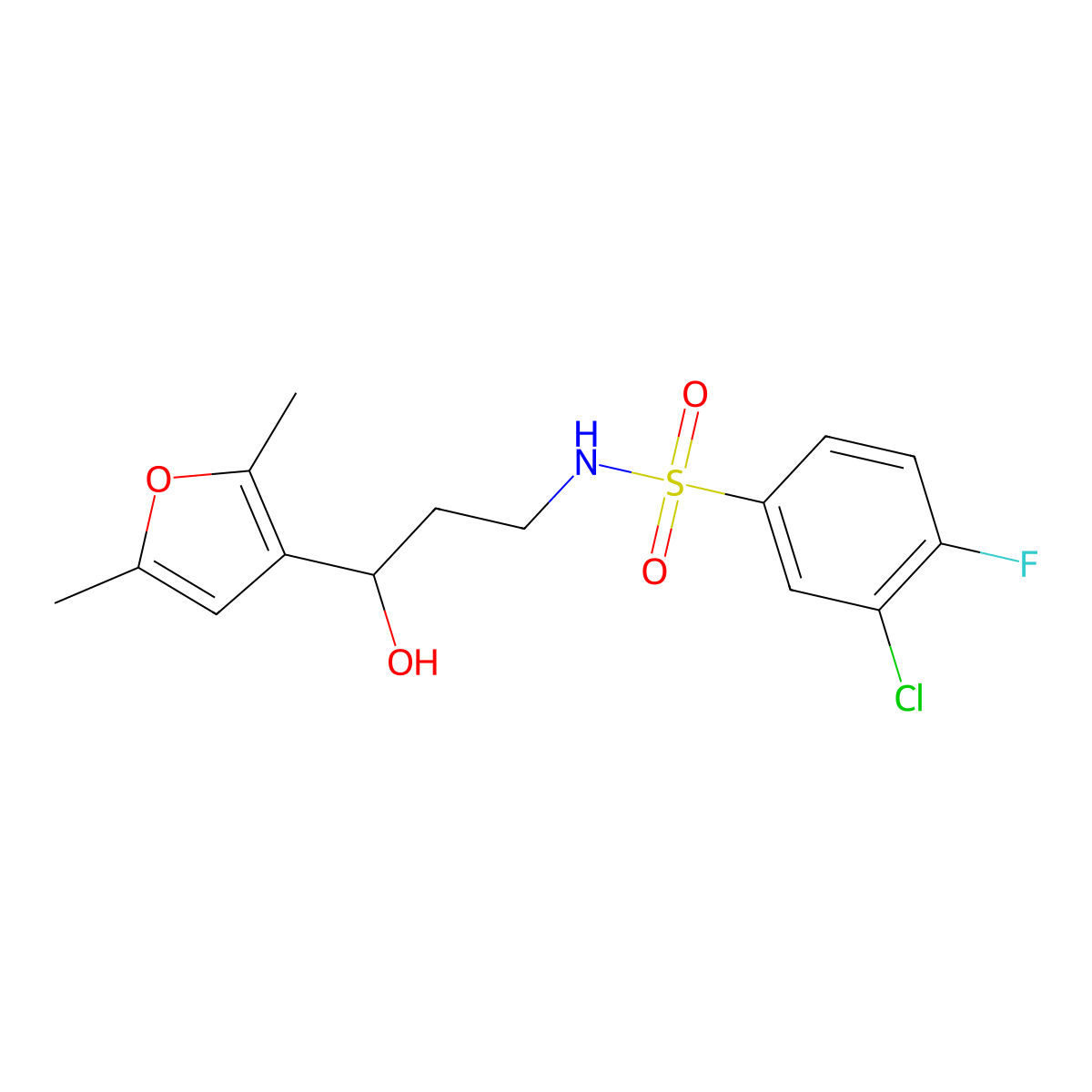 3-chloro-N-[3-(2,5-dimethylfuran-3-yl)-3-hydroxypropyl]-4-fluorobenzene-1-sulfonamide molecular structure, CAS 1421452-06-3