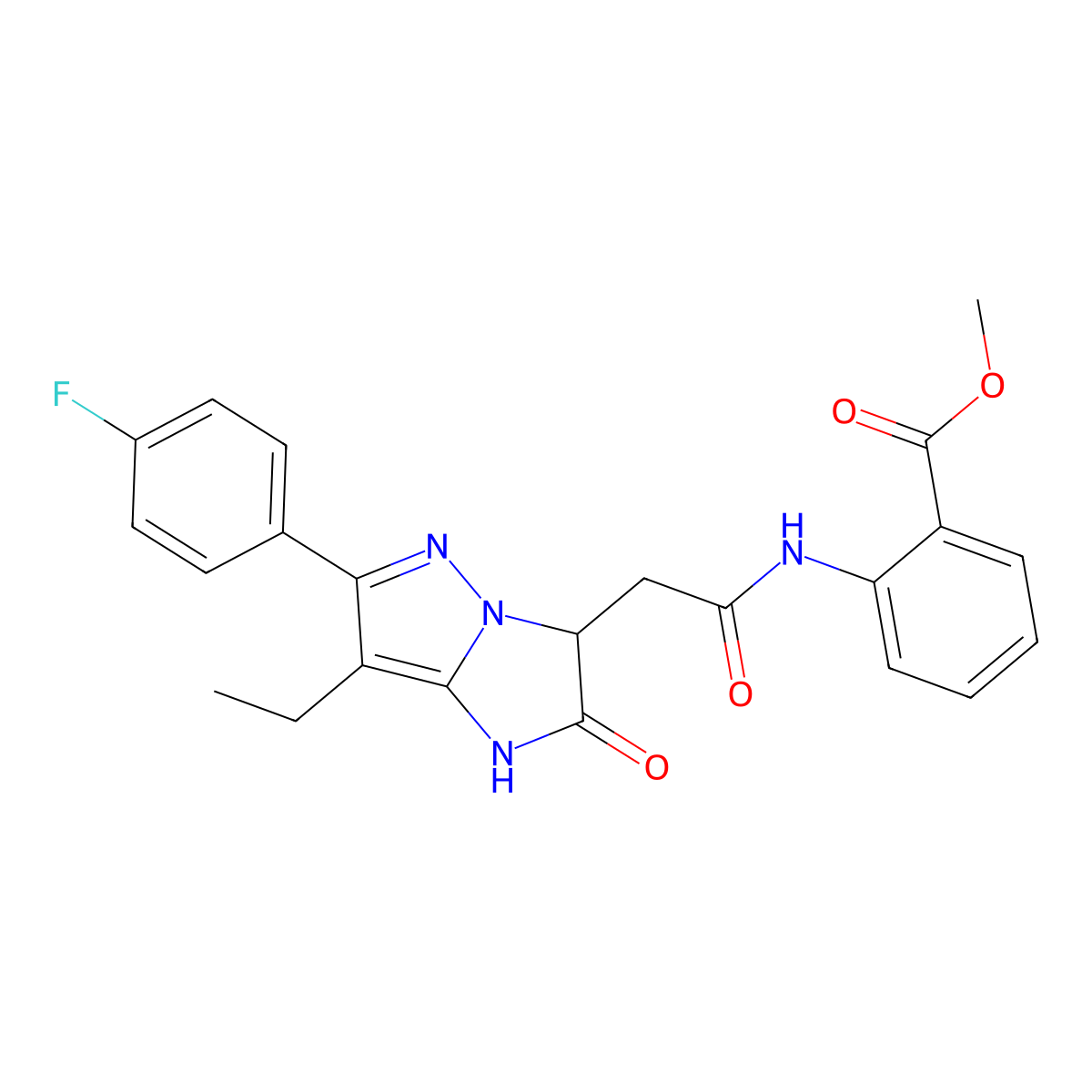 methyl 2-(2-(7-ethyl-6-(4-fluorophenyl)-2-oxo-2,3-dihydro-1H-imidazo[1,2-b]pyrazol-3-yl)acetamido)benzoate molecular structure, CAS 1421452-07-4