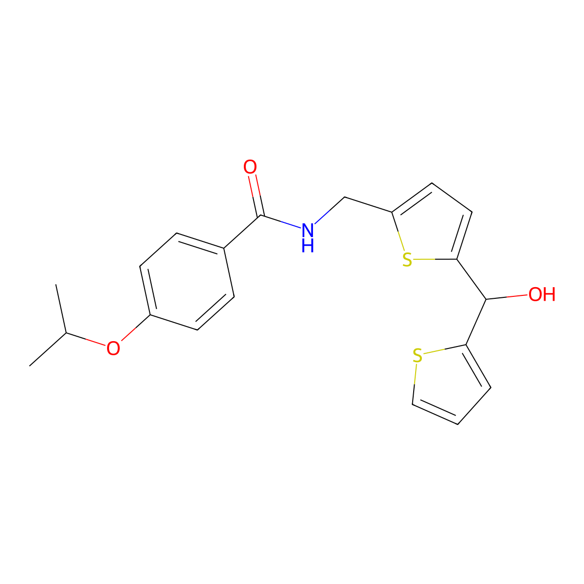 N-((5-(hydroxy(thiophen-2-yl)methyl)thiophen-2-yl)methyl)-4-isopropoxybenzamide molecular structure, CAS 1421452-15-4