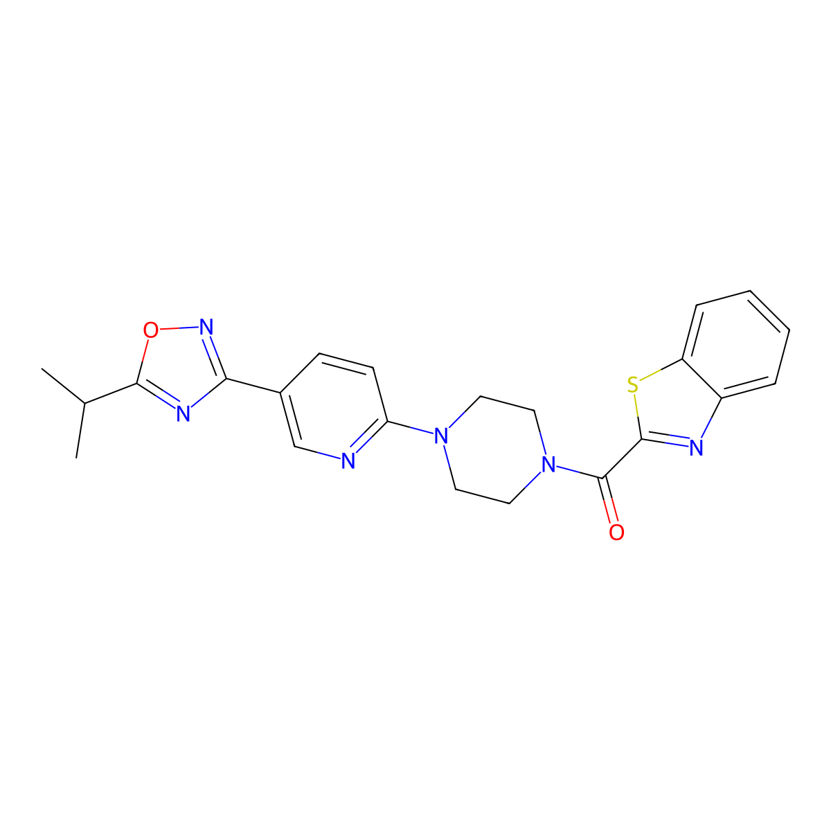 Benzo[d]thiazol-2-yl(4-(5-(5-isopropyl-1,2,4-oxadiazol-3-yl)pyridin-2-yl)piperazin-1-yl)methanone molecular structure, CAS 1421452-20-1