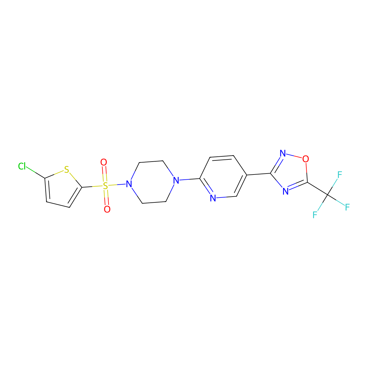3-(6-(4-((5-Chlorothiophen-2-yl)sulfonyl)piperazin-1-yl)pyridin-3-yl)-5-(trifluoromethyl)-1,2,4-oxadiazole molecular structure, CAS 1421452-21-2