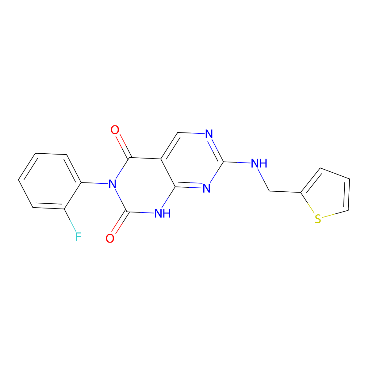 3-(2-fluorophenyl)-7-[(2-thienylmethyl)amino]pyrimido[4,5-d]pyrimidine-2,4(1H,3H)-dione molecular structure, CAS 1421452-47-2