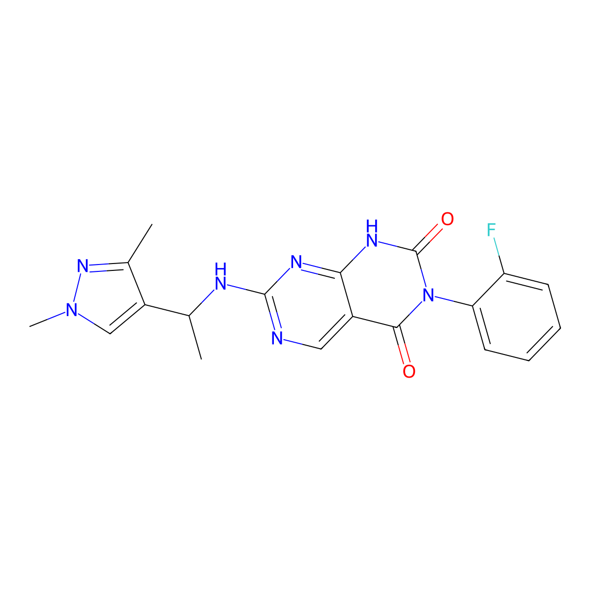 7-((1-(1,3-dimethyl-1H-pyrazol-4-yl)ethyl)amino)-3-(2-fluorophenyl)pyrimido[4,5-d]pyrimidine-2,4(1H,3H)-dione molecular structure, CAS 1421452-49-4