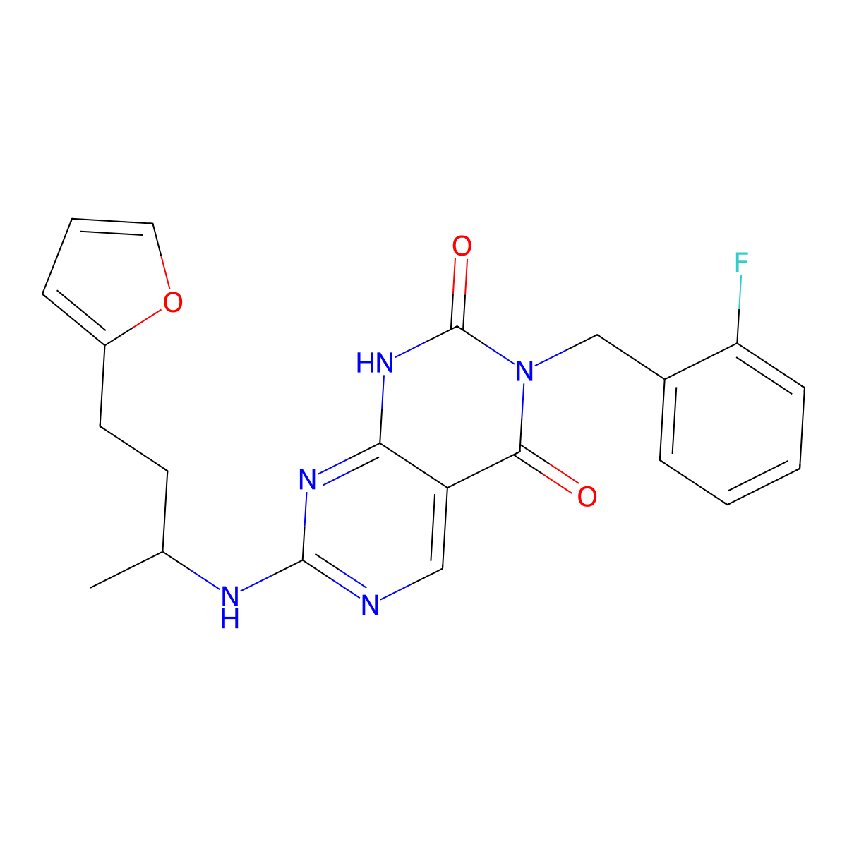 3-(2-fluorobenzyl)-7-{[3-(2-furyl)-1-methylpropyl]amino}pyrimido[4,5-d]pyrimidine-2,4(1H,3H)-dione molecular structure, CAS 1421452-51-8