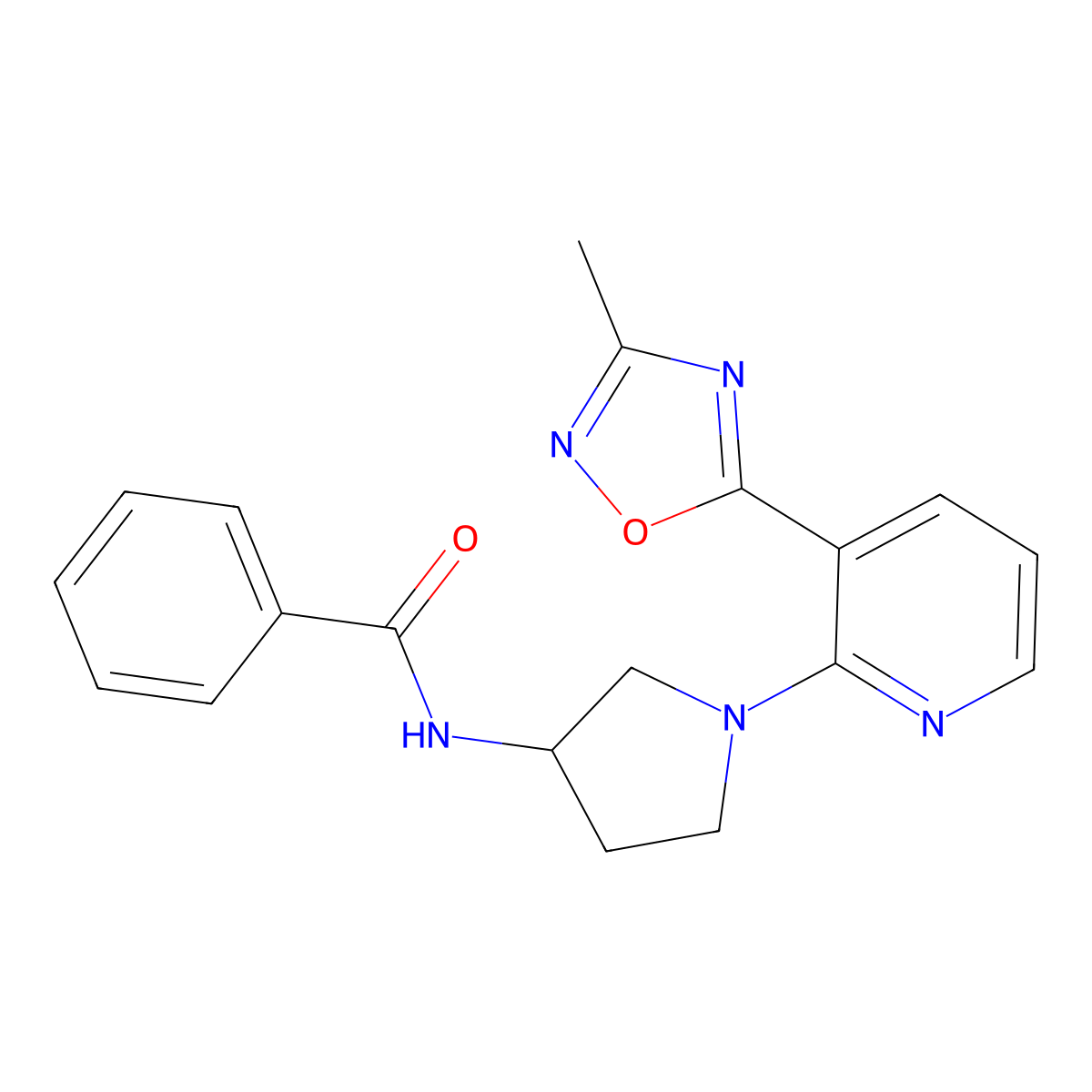 N-(1-(3-(3-methyl-1,2,4-oxadiazol-5-yl)pyridin-2-yl)pyrrolidin-3-yl)benzamide molecular structure, CAS 1421452-55-2