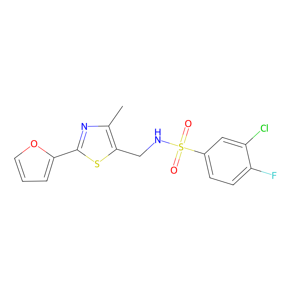 3-chloro-4-fluoro-N-((2-(furan-2-yl)-4-methylthiazol-5-yl)methyl)benzenesulfonamide molecular structure, CAS 1421452-91-6