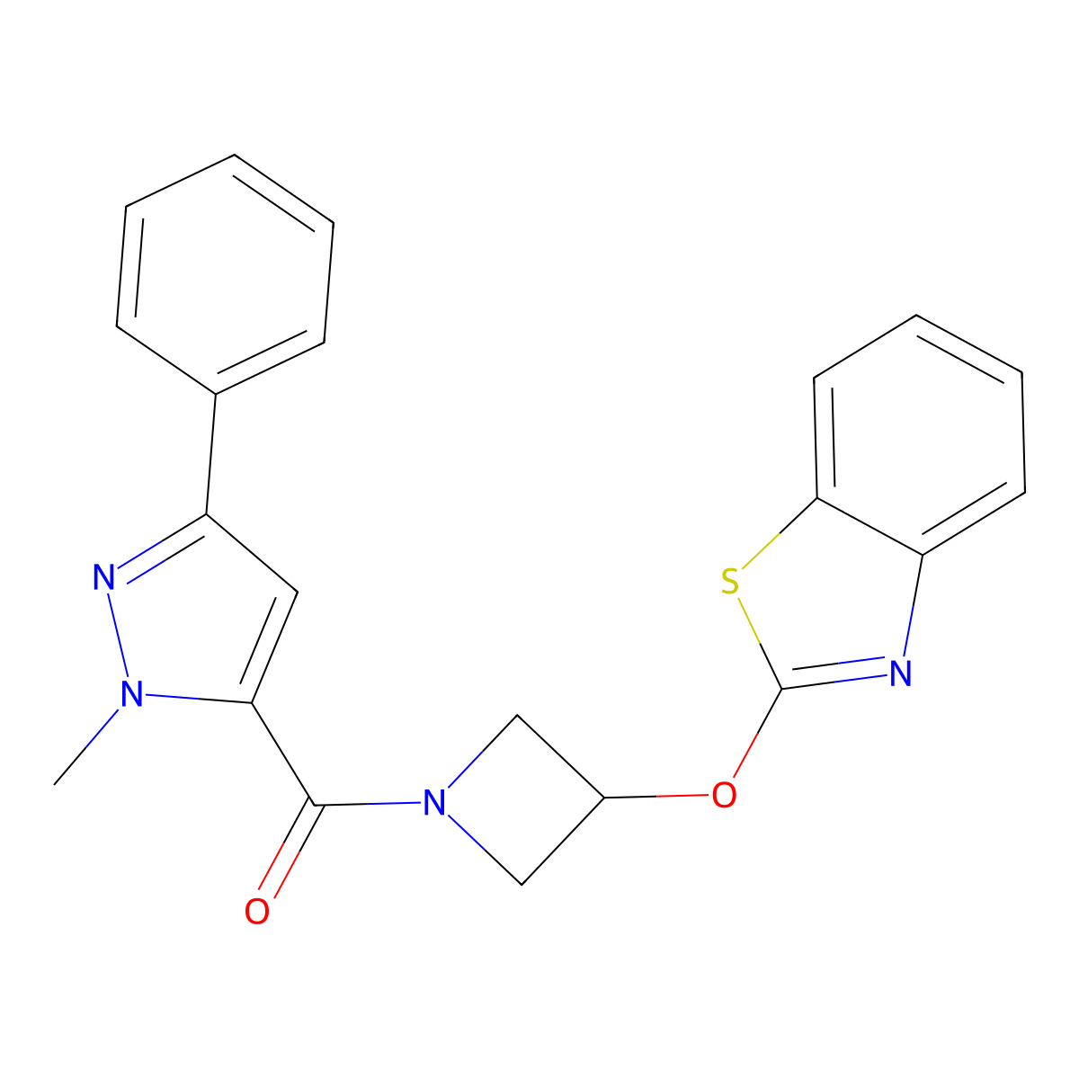 (3-(benzo[d]thiazol-2-yloxy)azetidin-1-yl)(1-methyl-3-phenyl-1H-pyrazol-5-yl)methanone molecular structure, CAS 1421452-98-3