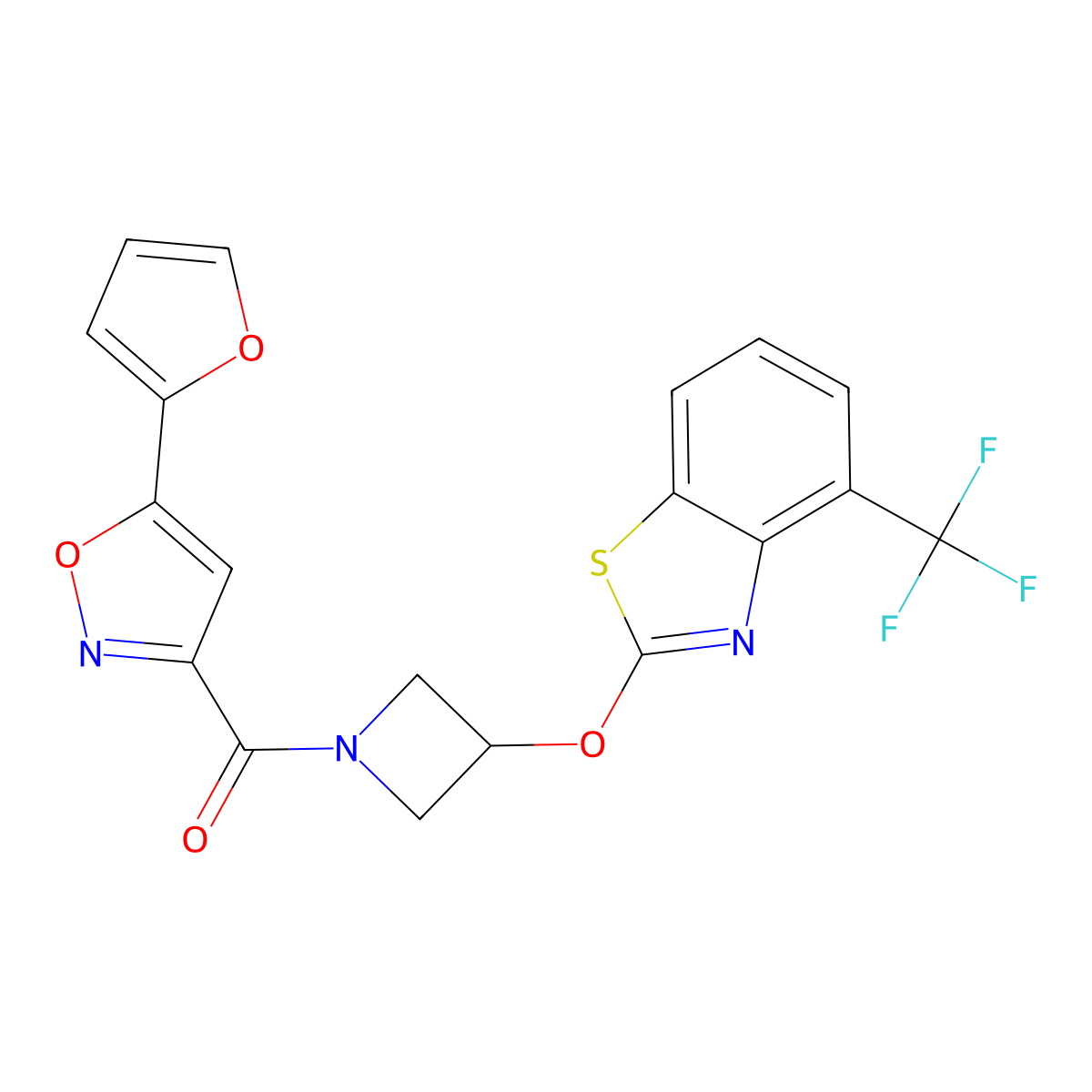 (5-(Furan-2-yl)isoxazol-3-yl)(3-((4-(trifluoromethyl)benzo[d]thiazol-2-yl)oxy)azetidin-1-yl)methanone molecular structure, CAS 1421453-05-5
