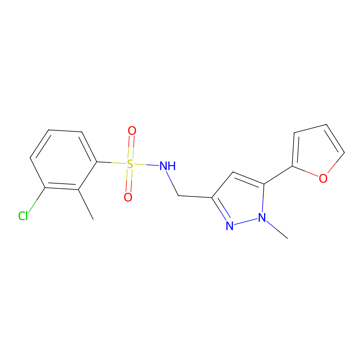 3-chloro-N-((5-(furan-2-yl)-1-methyl-1H-pyrazol-3-yl)methyl)-2-methylbenzenesulfonamide molecular structure, CAS 1421453-20-4