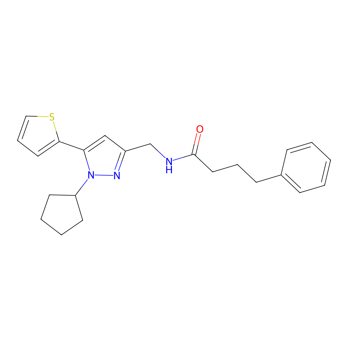 N-((1-cyclopentyl-5-(thiophen-2-yl)-1H-pyrazol-3-yl)methyl)-4-phenylbutanamide molecular structure, CAS 1421453-32-8