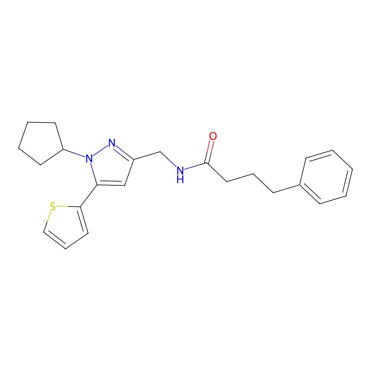 N-((1-cyclopentyl-5-(thiophen-2-yl)-1H-pyrazol-3-yl)methyl)-4-phenylbutanamide molecular structure, CAS 1421453-32-8