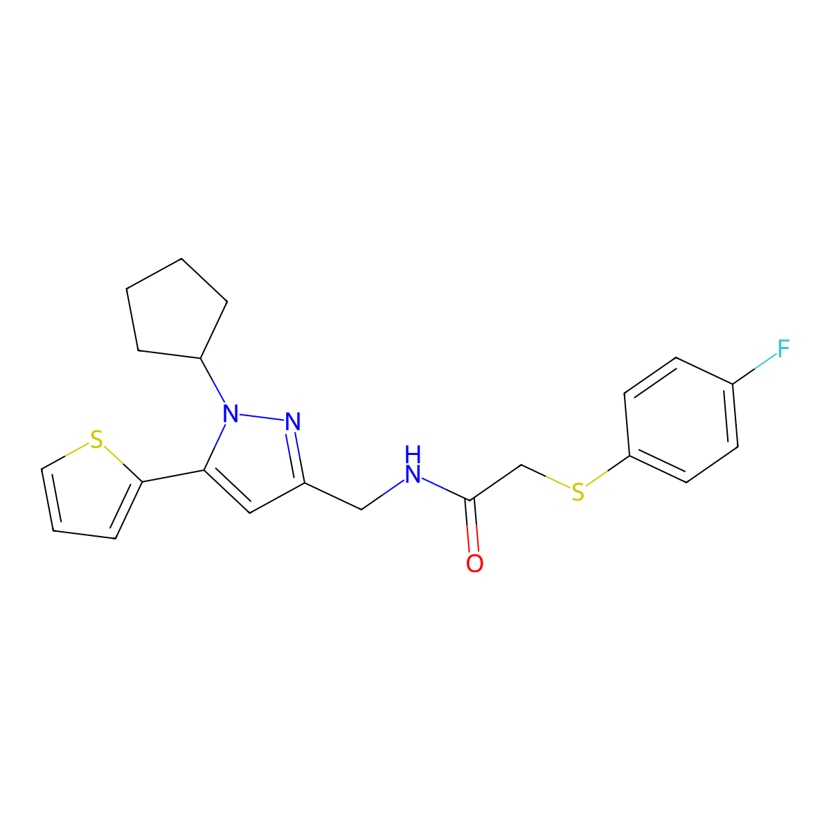 N-((1-cyclopentyl-5-(thiophen-2-yl)-1H-pyrazol-3-yl)methyl)-2-((4-fluorophenyl)thio)acetamide molecular structure, CAS 1421453-35-1