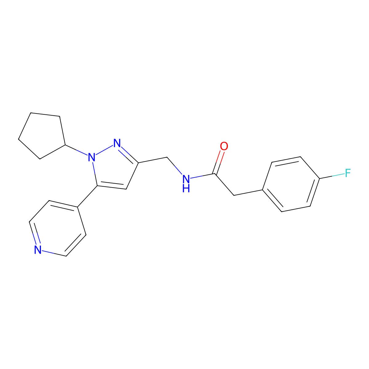 N-((1-cyclopentyl-5-(pyridin-4-yl)-1H-pyrazol-3-yl)methyl)-2-(4-fluorophenyl)acetamide molecular structure, CAS 1421453-46-4