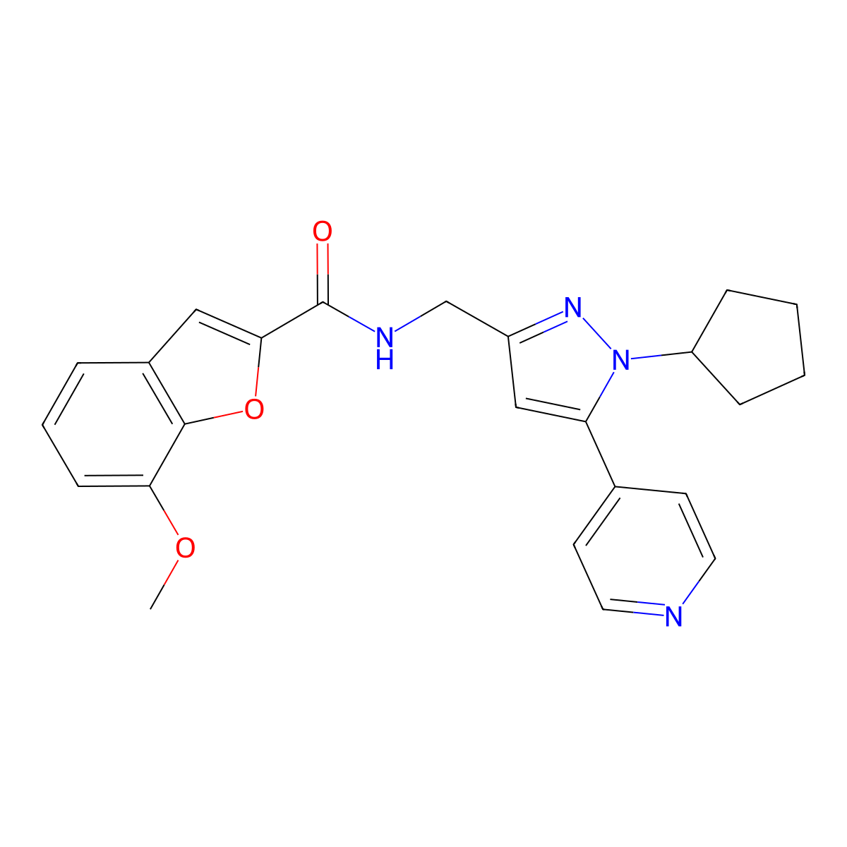 N-((1-cyclopentyl-5-(pyridin-4-yl)-1H-pyrazol-3-yl)methyl)-7-methoxybenzofuran-2-carboxamide molecular structure, CAS 1421453-49-7