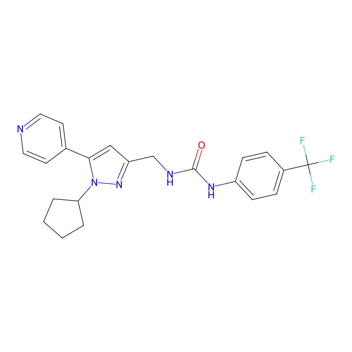 1-((1-cyclopentyl-5-(pyridin-4-yl)-1H-pyrazol-3-yl)methyl)-3-(4-(trifluoromethyl)phenyl)urea molecular structure, CAS 1421453-57-7