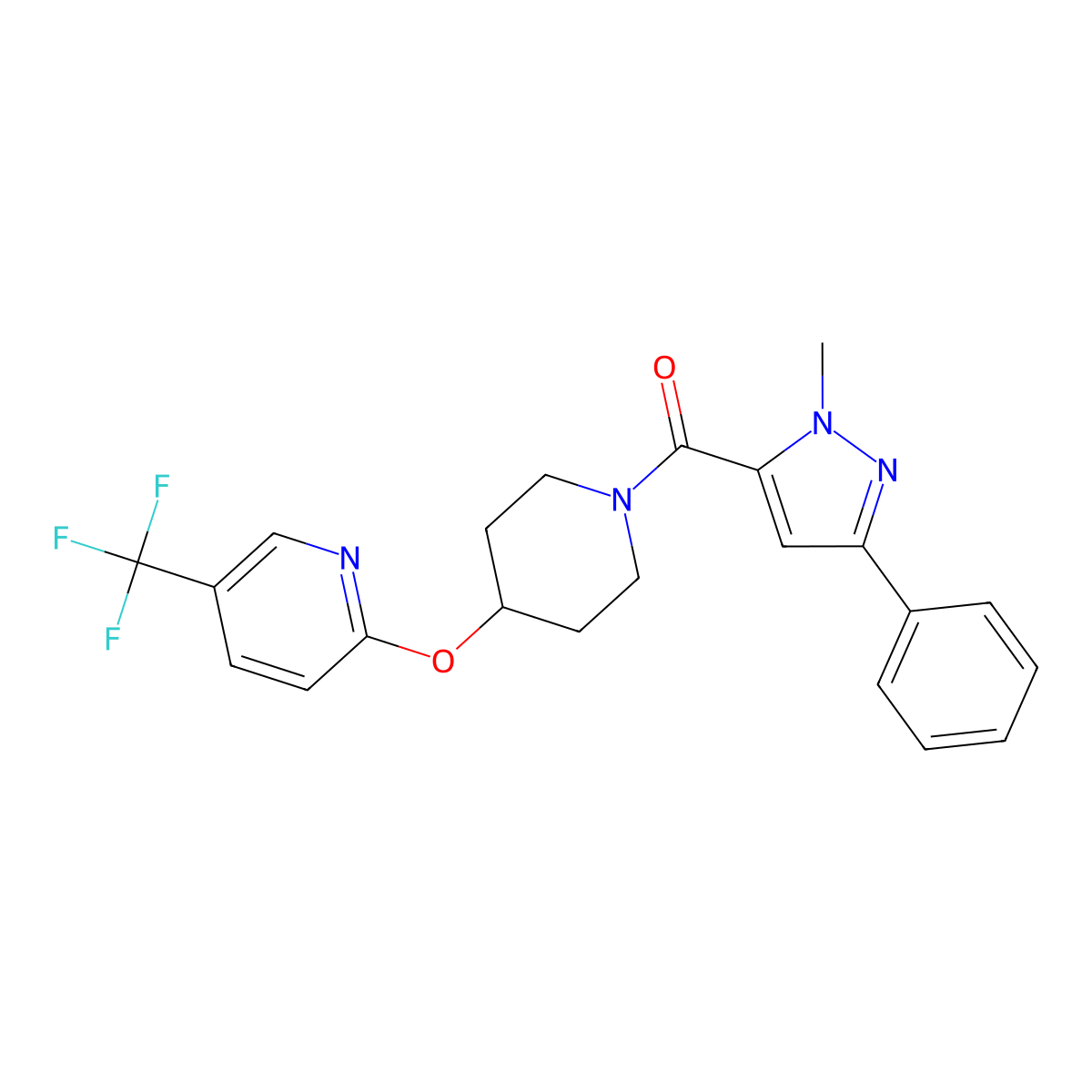 (1-methyl-3-phenyl-1H-pyrazol-5-yl)(4-((5-(trifluoromethyl)pyridin-2-yl)oxy)piperidin-1-yl)methanone molecular structure, CAS 1421453-76-0