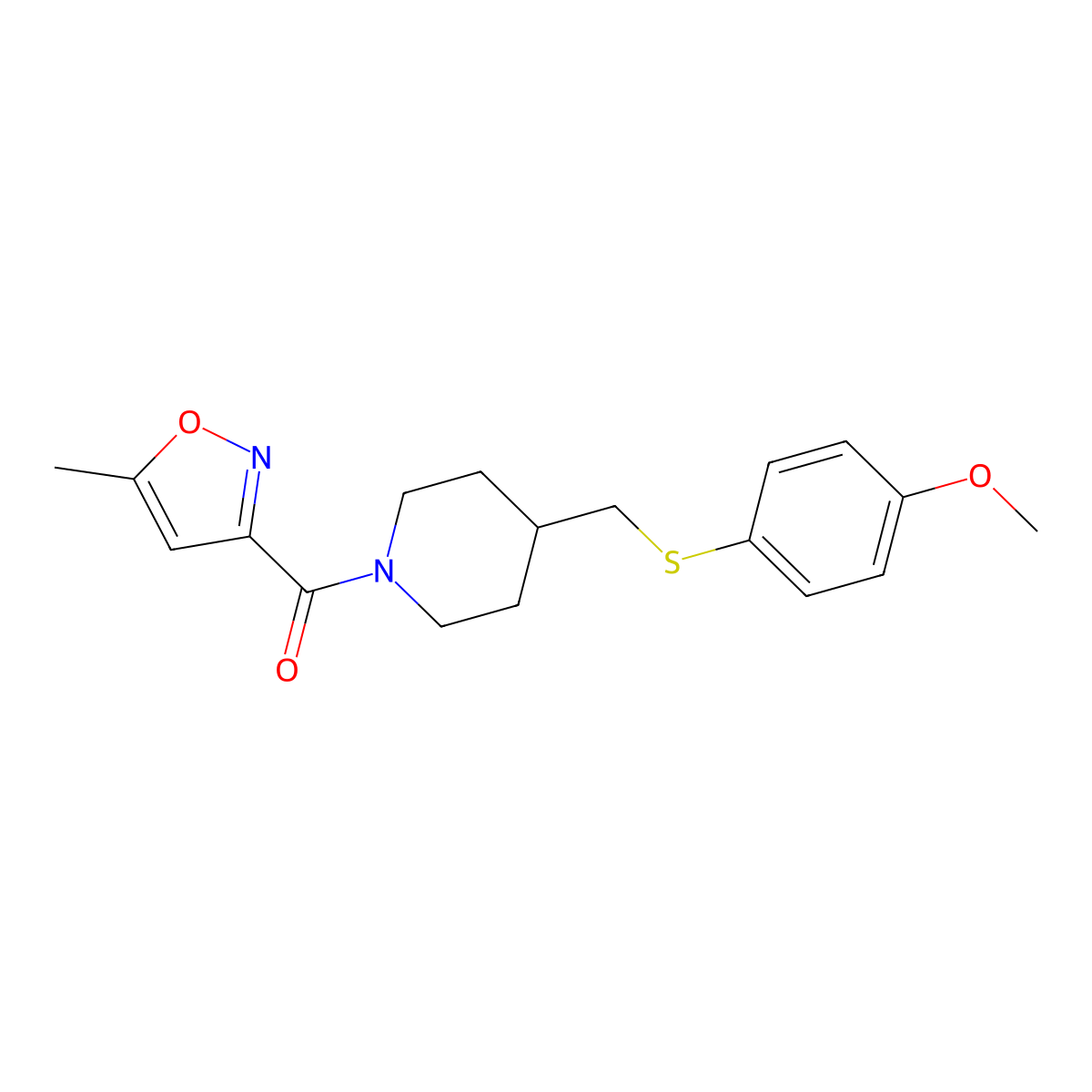 (4-(((4-Methoxyphenyl)thio)methyl)piperidin-1-yl)(5-methylisoxazol-3-yl)methanone molecular structure, CAS 1421453-77-1
