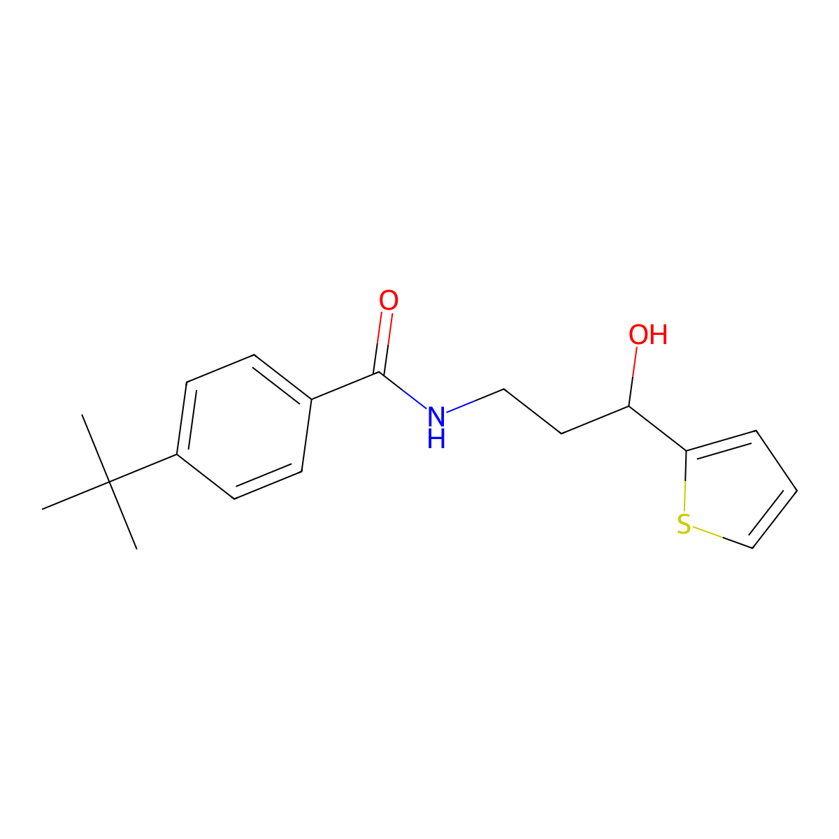 4-(tert-butyl)-N-(3-hydroxy-3-(thiophen-2-yl)propyl)benzamide molecular structure, CAS 1421453-78-2