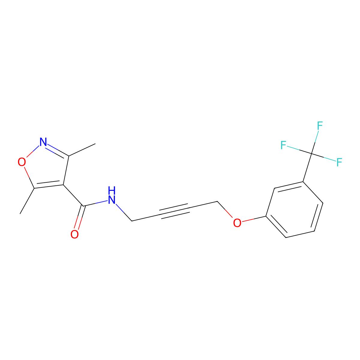 3,5-dimethyl-N-(4-(3-(trifluoromethyl)phenoxy)but-2-yn-1-yl)isoxazole-4-carboxamide molecular structure, CAS 1421453-79-3