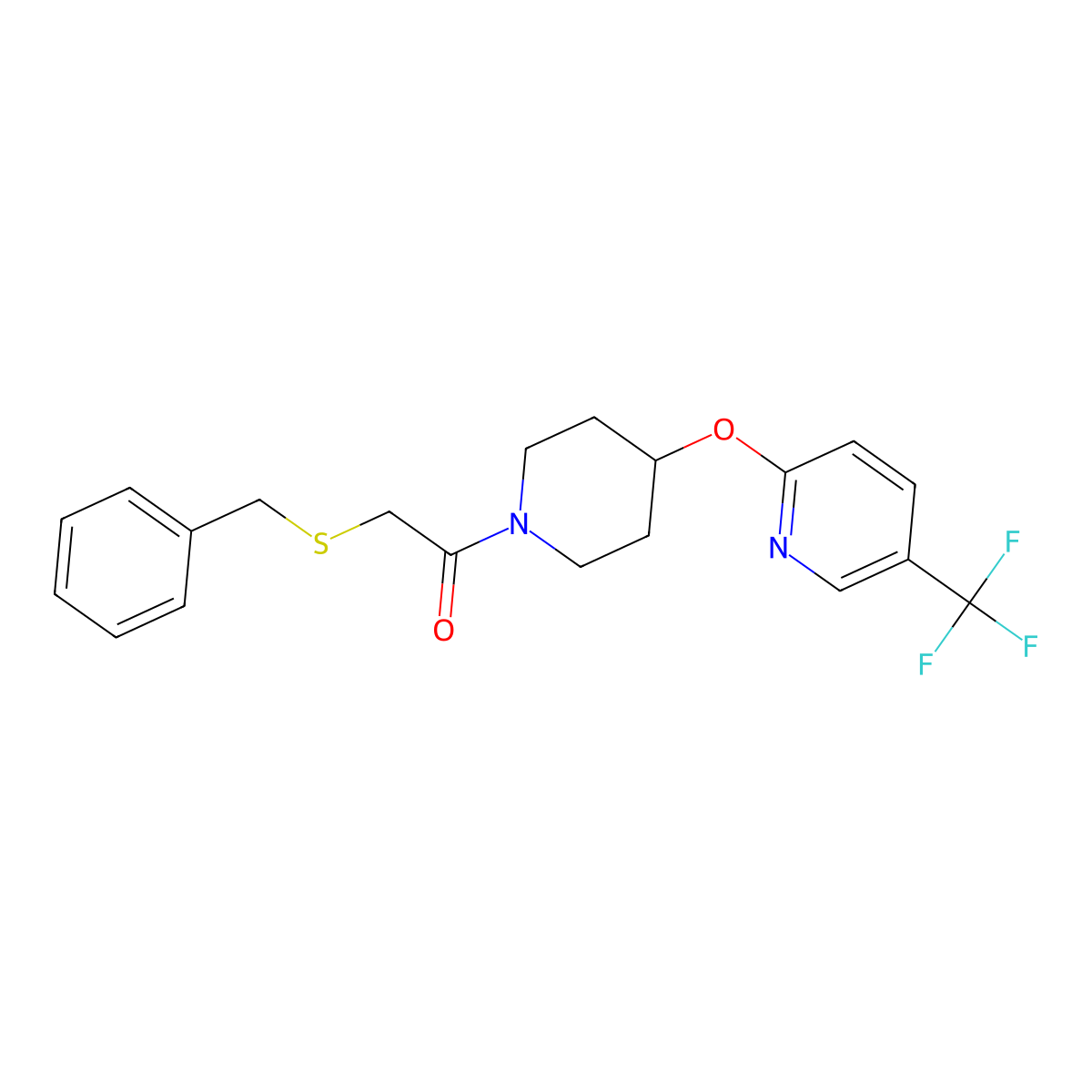 2-(Benzylthio)-1-(4-((5-(trifluoromethyl)pyridin-2-yl)oxy)piperidin-1-yl)ethanone molecular structure, CAS 1421453-80-6