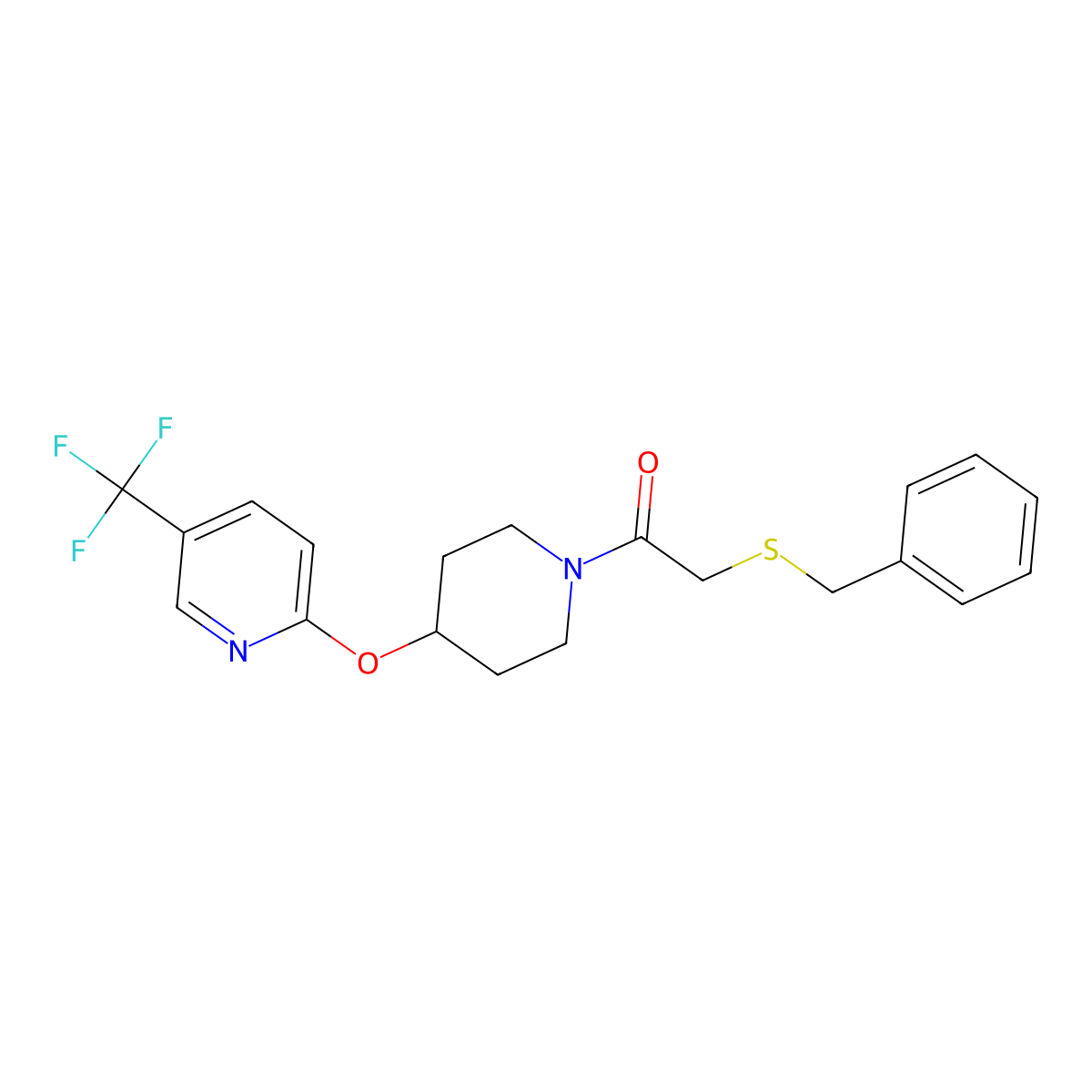 2-(Benzylthio)-1-(4-((5-(trifluoromethyl)pyridin-2-yl)oxy)piperidin-1-yl)ethanone molecular structure, CAS 1421453-80-6