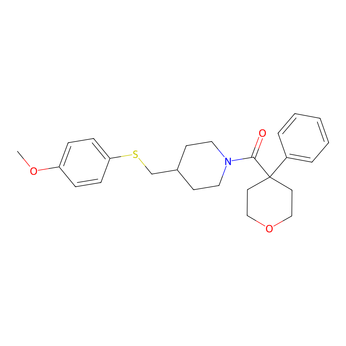 (4-(((4-methoxyphenyl)thio)methyl)piperidin-1-yl)(4-phenyltetrahydro-2H-pyran-4-yl)methanone molecular structure, CAS 1421453-81-7