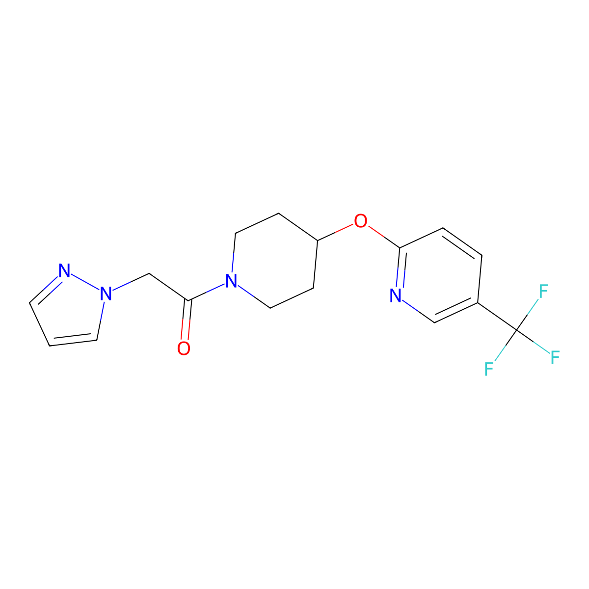 2-(1H-pyrazol-1-yl)-1-(4-((5-(trifluoromethyl)pyridin-2-yl)oxy)piperidin-1-yl)ethanone molecular structure, CAS 1421453-84-0